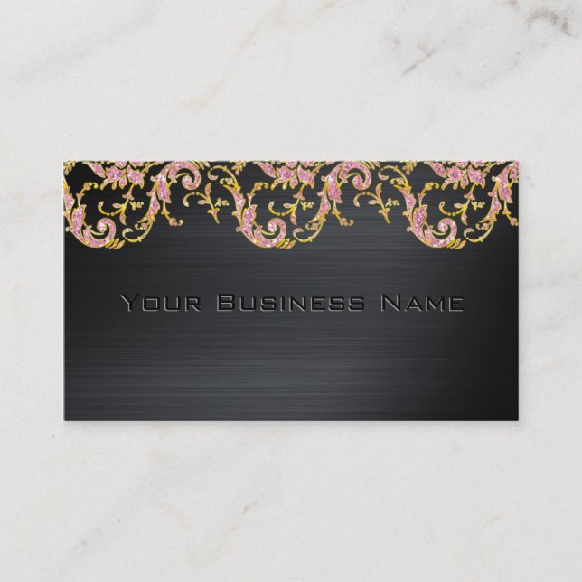 Carte De Visite Black Metallic rose Parties scintillant Damask Ent (Devant)