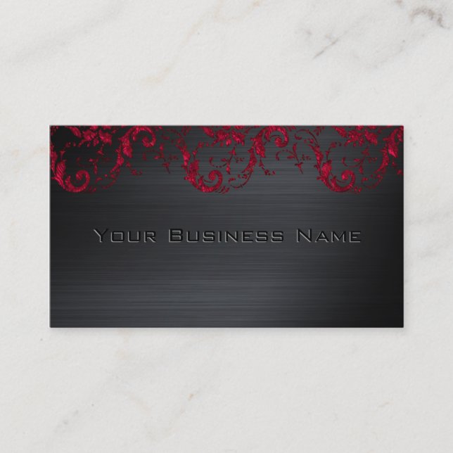 Carte De Visite Black Metallic Rouge Damask Élégante Entreprise (Devant)
