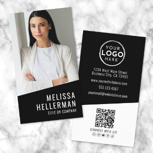 Carte De Visite Black Modern Photo Code QR Logo Vertical
