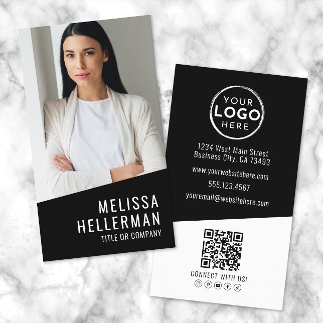 Carte De Visite Black Modern Photo Code QR Logo Vertical (Black Modern Photo QR Code Logo Vertical Business Card)