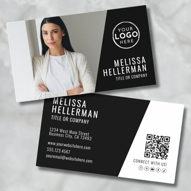 Carte De Visite Black Photo QR Code Société Votre Logo (Black Photo QR Code Company Your Logo Business Card )