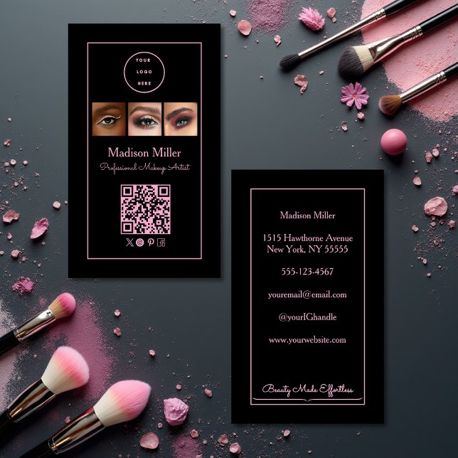 Carte De Visite Black Pink Script Logo QR Code Photo Makeup (Créateur téléchargé)