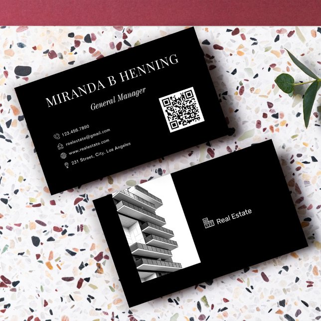 Carte De Visite Black Professional Real Estate Agent Photo QR Code (Créateur téléchargé)