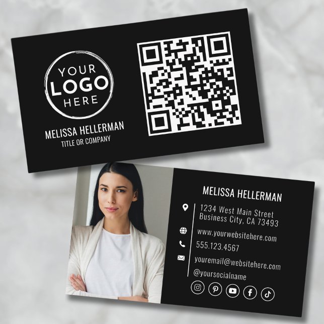 Carte De Visite Black QR Code Modern Professional Photo Votre logo (Black QR Code Modern Professional Photo Your Logo Business Card)