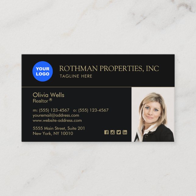 Carte De Visite Black Real Estate Ajouter logo et photo (Devant)