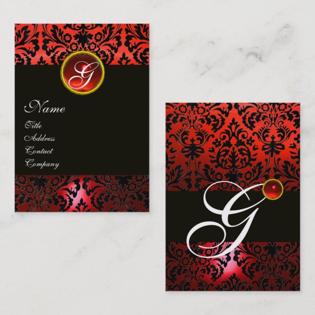 Carte De Visite BLACK RED DAMASK MONOGRAM FLORAL, Ruby Gem (Devant / Derrière)