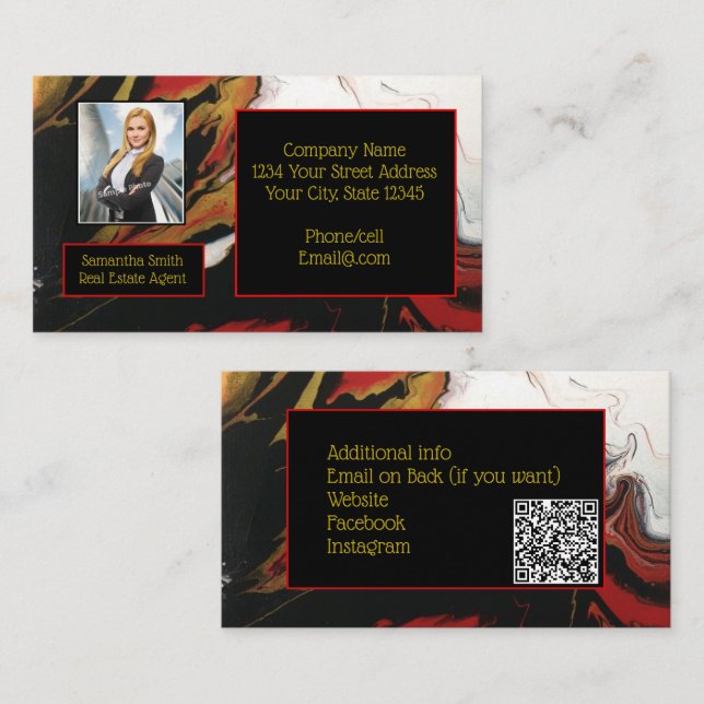 Carte De Visite Black Red Gold avec photo avec code QR (Devant / Derrière)