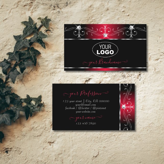 Carte De Visite Black Red Squigles Bijoux étincelants Ajouter Logo (Créateur téléchargé)