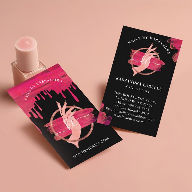 Carte De Visite Black Rose Clou Art Manucure Salon Script Monogram (Black Pink Nail Art Manicure Salon Script Monogram Business Card)