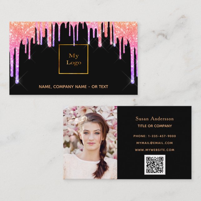 Carte De Visite Black rose violet photo QR code parties scintillan (Devant / Derrière)