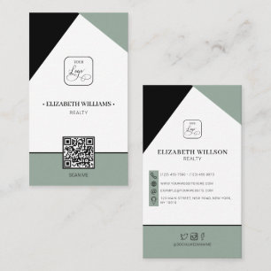 Carte De Visite Black Saga Green Custom Business Logo & QR Code