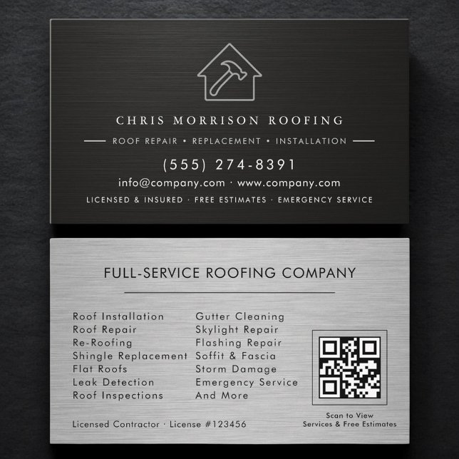 Carte De Visite Black Silver Roofing Roofer Contractor QR Code (Créateur téléchargé)