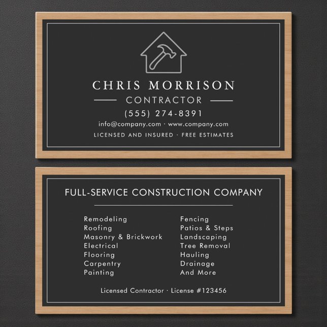 Carte De Visite Black & Silver Wood Building Construction  (Créateur téléchargé)