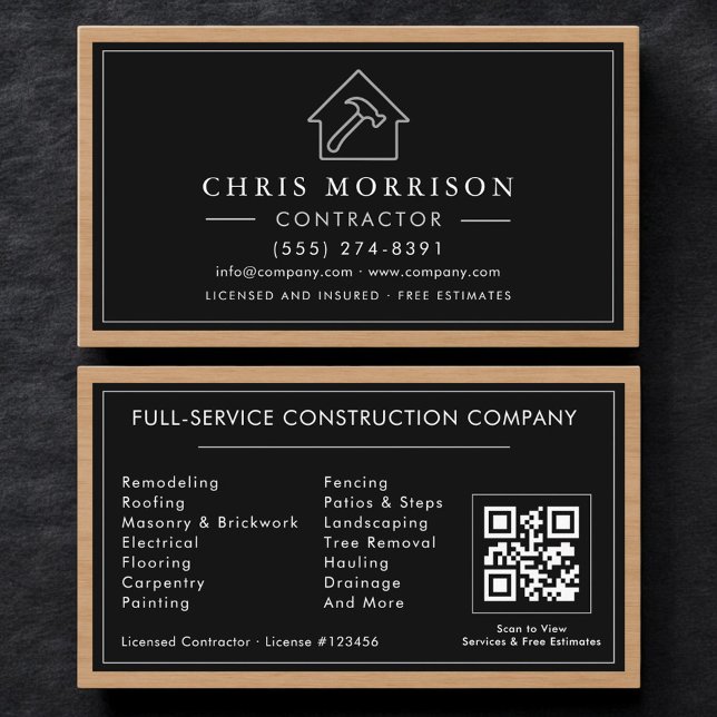 Carte De Visite Black Silver Wood Construction Contractor QR Code (Créateur téléchargé)