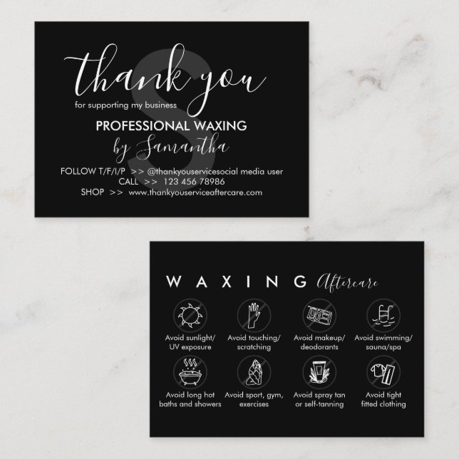 Carte De Visite Black Waxing après les conseils de soins Merci (Devant / Derrière)