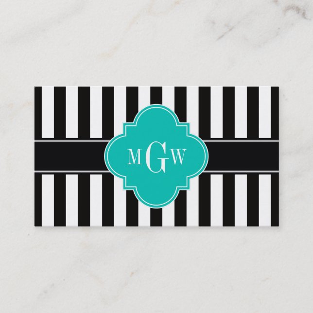 Carte De Visite Black What Stripe Quatrefoil Turquoise 3 Monogramm (Devant)