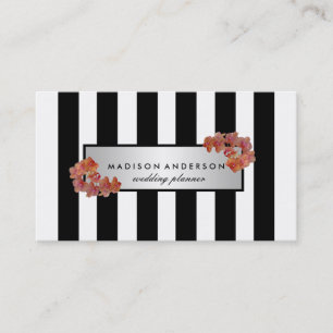 Carte De Visite Black White Chic Stripes Silver Vintage Floral