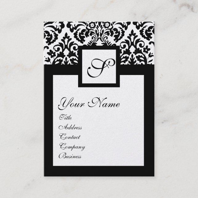 Carte De Visite BLACK WHITE DAMASK CARRÉ MONOGRAM, métal de champa (Devant)