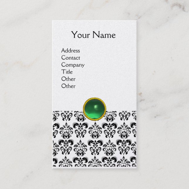 Carte De Visite BLACK WHITE DAMASK GREEN GEMSTONE MONOGRAM perle (Devant)