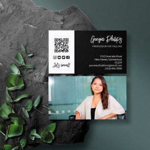 Carte De Visite Black White QR Code Photo Médias sociaux Icônes