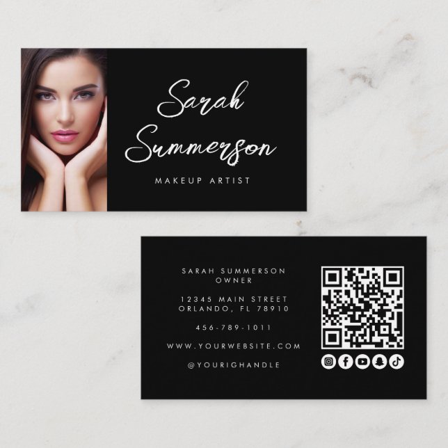 Carte De Visite Black White Social Media QR Photo Makeup (Devant / Derrière)