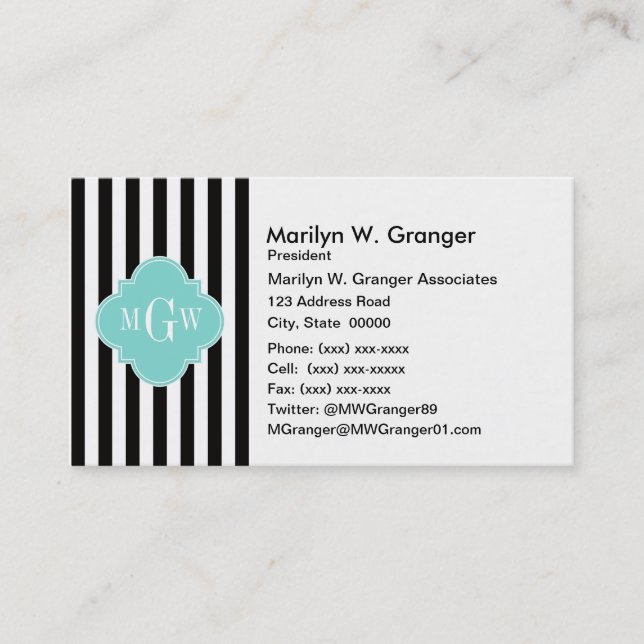 Carte De Visite Black White Stripe Turquoise Quatrefoil (Devant)