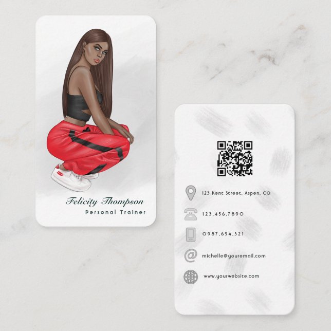 Carte De Visite Black Woman Fitness Instructor Girl QR Code (Devant / Derrière)