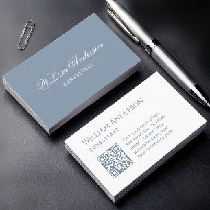 Carte De Visite Blanc Bleu Poussiéreux Code QR Simple et Calligrap