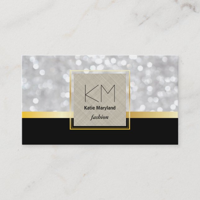 Carte De Visite Blanc Bokeh Golden Border Black Gold Bar (Devant)