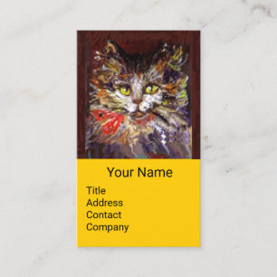 Carte De Visite BLANC BROWN KITTY CAT PORTRAIT, ROUGE RIBBON Jaune