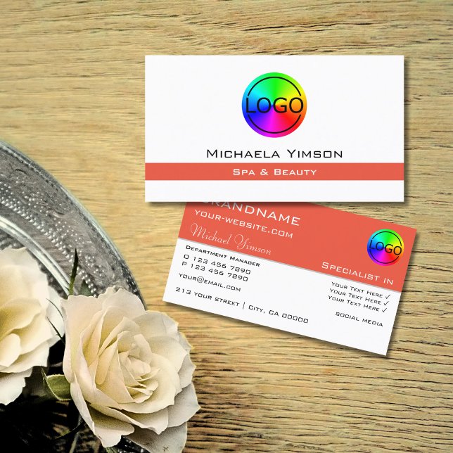 Carte De Visite Blanc chic et Saumon avec logo professionnel (Créateur téléchargé)