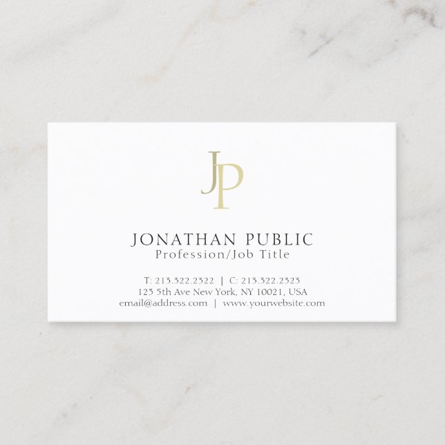 Carte De Visite Blanc chic moderne de monogramme professionnel (Devant)