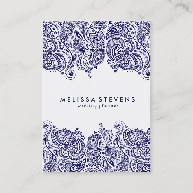Carte De Visite Blanc et Royal Blue Paisley Lace Wedding planner (Devant)