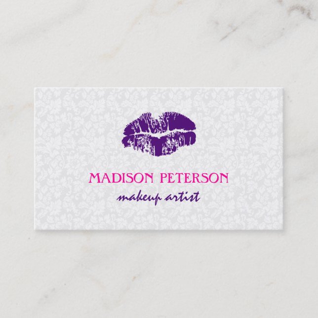 Carte De Visite Blanc Floral Damask Maquillage Artiste Design (Devant)