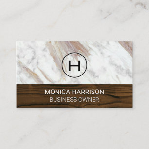 Carte De Visite Blanc marbre   Découpe en bois   Monogramme