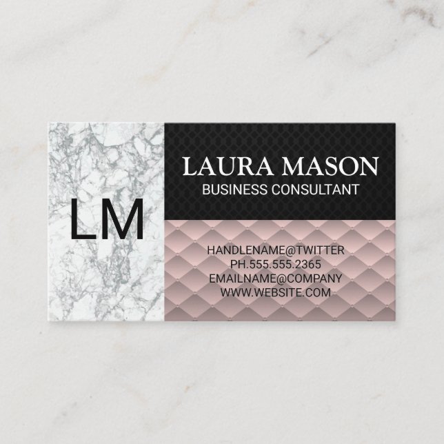 Carte De Visite Blanc marbre | Maillage noir | Carreaux roses (Devant)