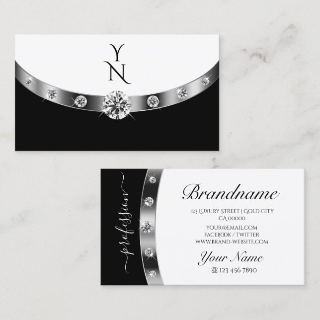 Carte De Visite Blanc noir argenté moderne avec diamants monogramm (Devant / Derrière)