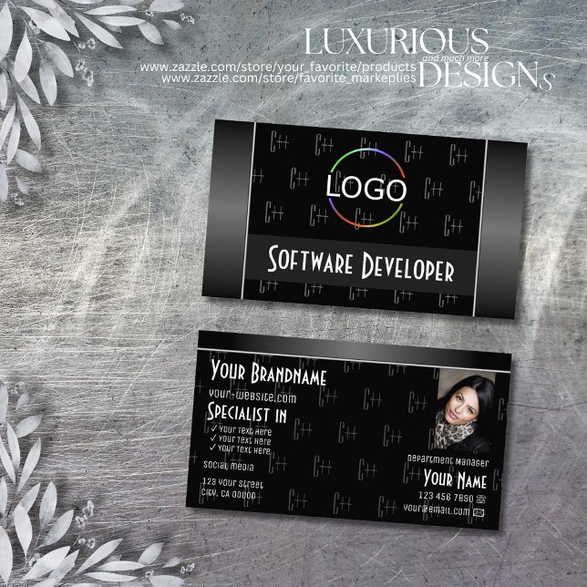 Carte De Visite Blanc noir avec logo photo et lettres Motif (Créateur téléchargé)