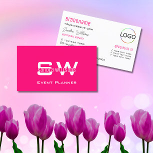 Carte De Visite Blanc rose clair moderne avec monogramme et logo