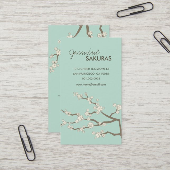Carte De Visite Blanc Sakura Oriental Cherry Blossoms Élégant Chic (Devant/Arrière en situation)