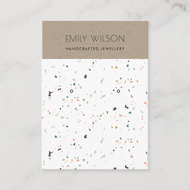 CARTE DE VISITE BLANC TERRAZZO TEXTURE KRAFT EARRING AFFICHER LOGO (Devant)