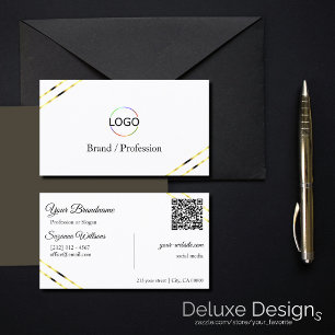 Carte De Visite Blanc uni avec lignes dorées Logo et code QR