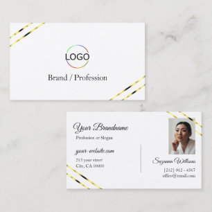 Carte De Visite Blanc uni avec lignes dorées Logo et Photo