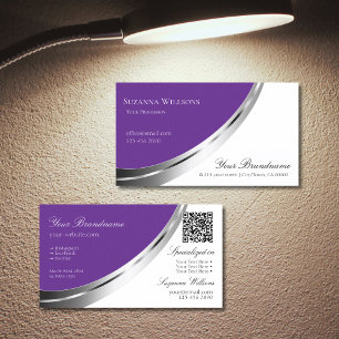 Carte De Visite Blanc violet royal avec décor argenté et code QR