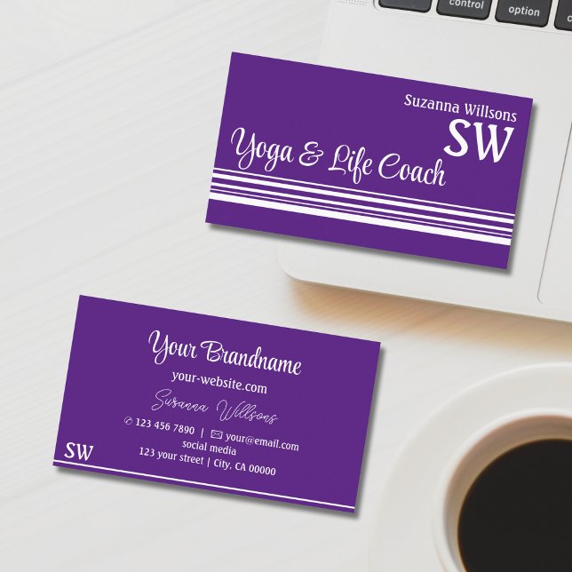 Carte De Visite Blancs chic violet avec Monogramme élégant (Créateur téléchargé)