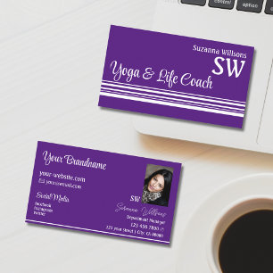 Carte De Visite Blancs chic violet avec monogramme et photo