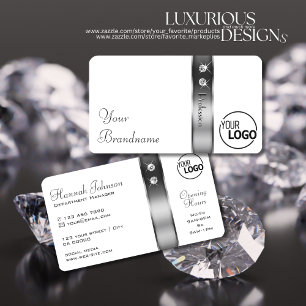 Carte De Visite Blancs et Argent Décor Bordure Diamants Logo Mode