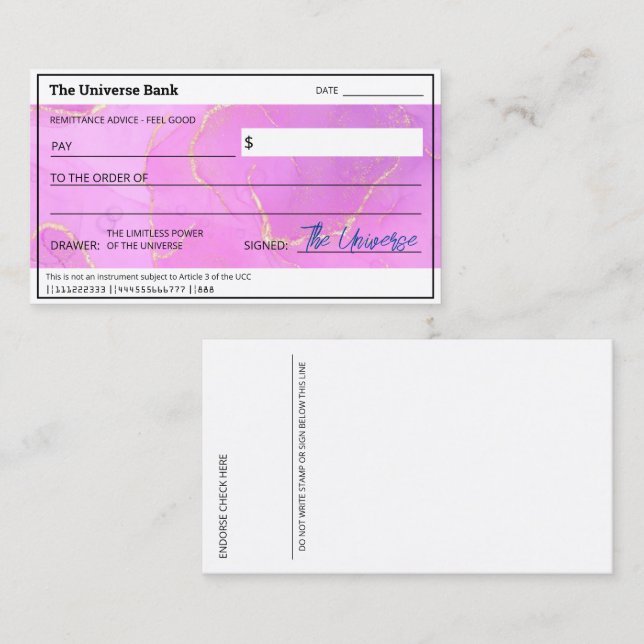 Carte De Visite Blank Abundance Check Feminine Law of Attraction (Devant / Derrière)