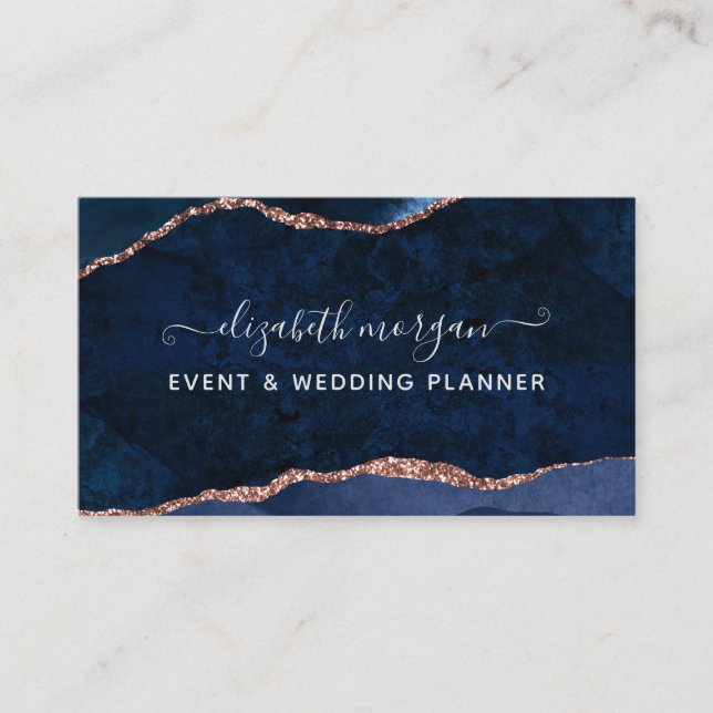 Carte De Visite Bleu Agate Marbre Rose or Aquarelle Script (Devant)