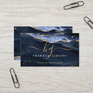 Carte De Visite Bleu Agate Script Monogramme Faux Gold Parties sci